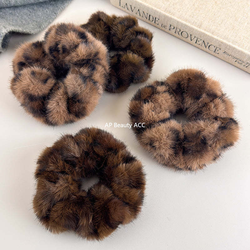 E廠-韓系秋冬毛絨豹紋大腸髮圈女高級感氣質扎頭髮馬尾頭繩髮繩髮飾「27635」25.11-1