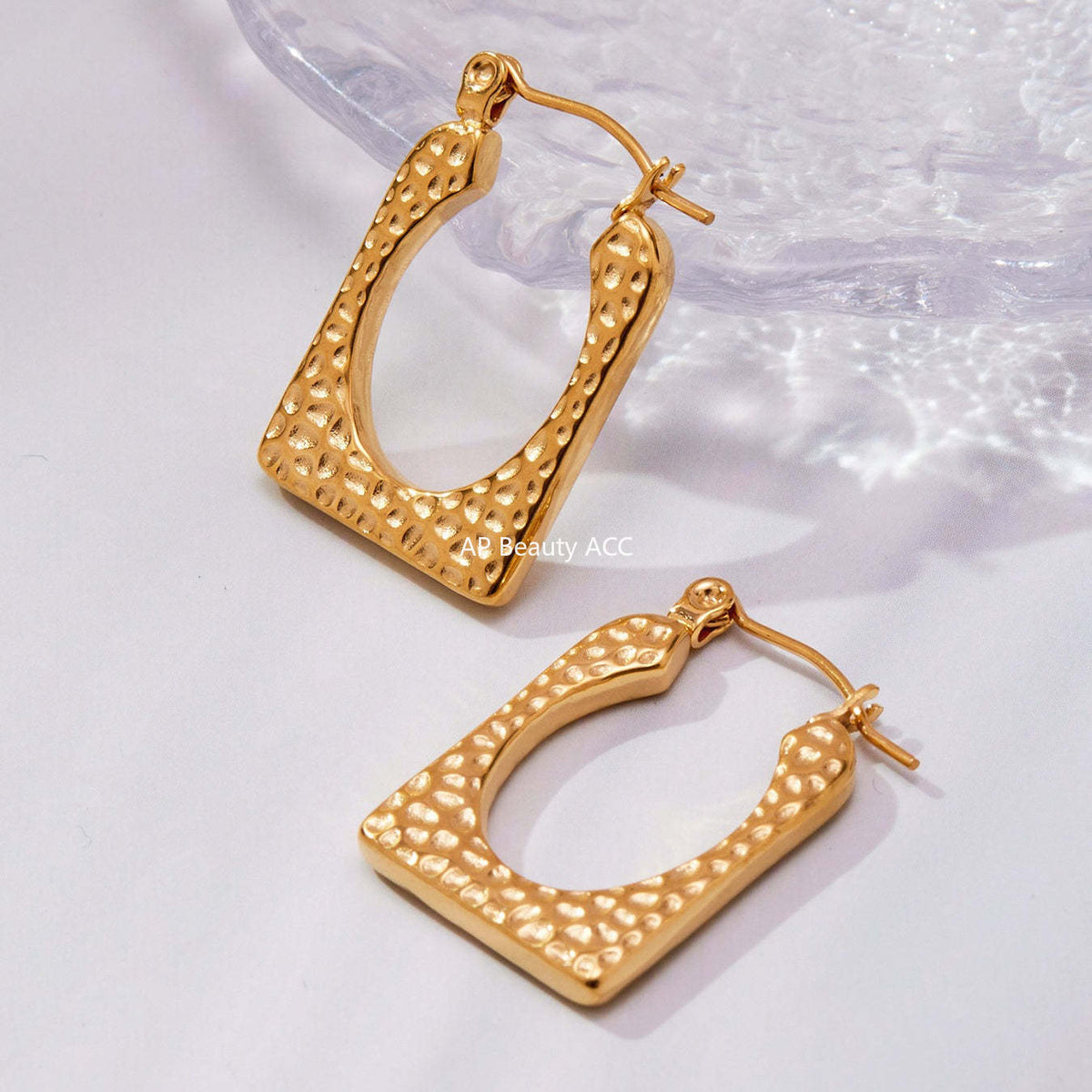 B廠-不鏽鋼幾何U型重工錘紋耳環跨境熱銷新款耳飾鍍18k金不掉色「F624」25.10-5