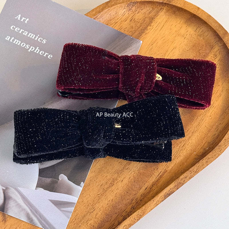 E廠-復古金絲絨細閃蝴蝶結香蕉夾女扭扭夾秋冬新款高馬尾竪夾髮卡髮飾「27763」25.12-1