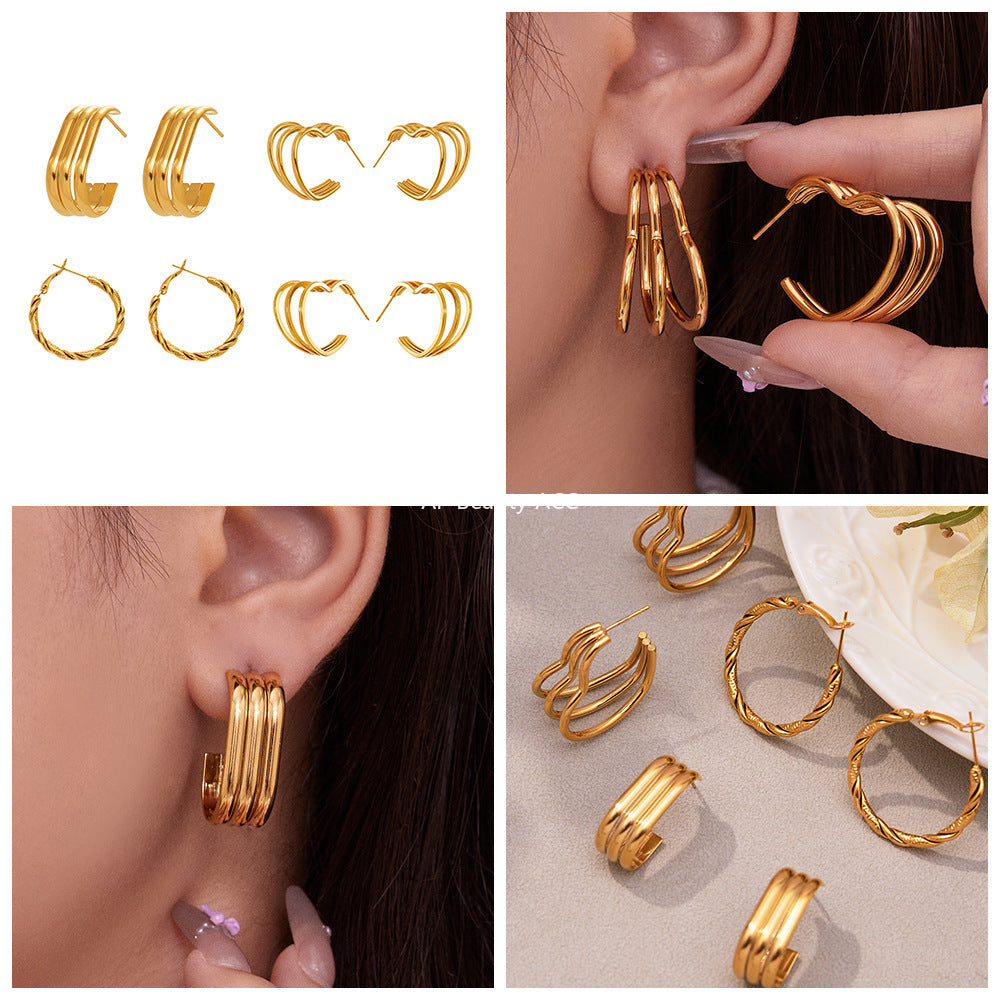 B廠-ins風小眾設計三層愛心形耳環不鏽鋼18k鍍金耳釘不掉色耳飾「F753」25.11-1