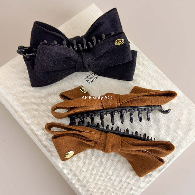 E廠-韓國秋冬高級感雙面呢子蝴蝶結香蕉夾韓系金標竪夾馬尾髮夾髮飾「27639」25.11-1