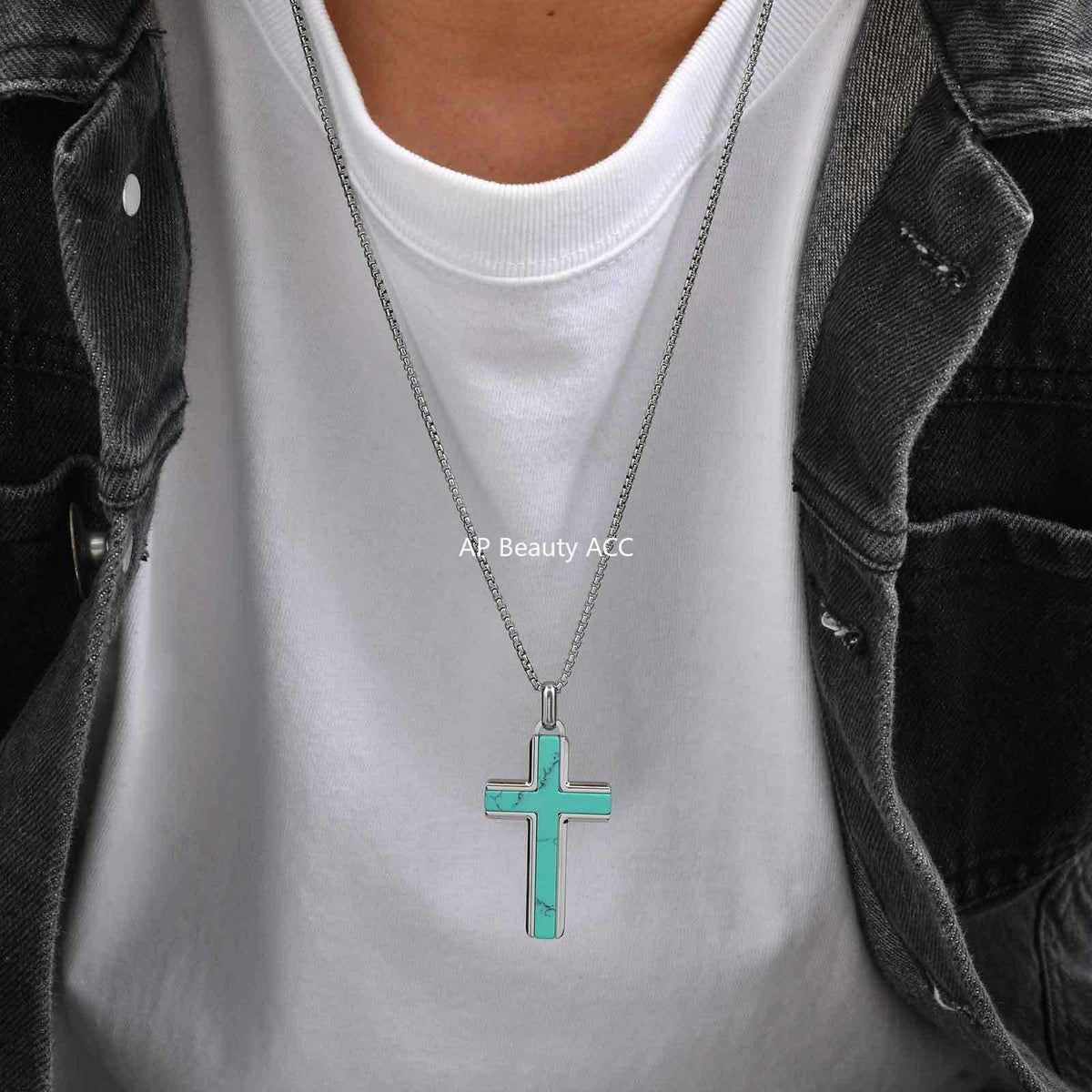 G廠-不鏽鋼歐美跨境男士項鍊十字架綠松石虎眼毛衣鏈簡約吊墜「PN-2224」25.12-2