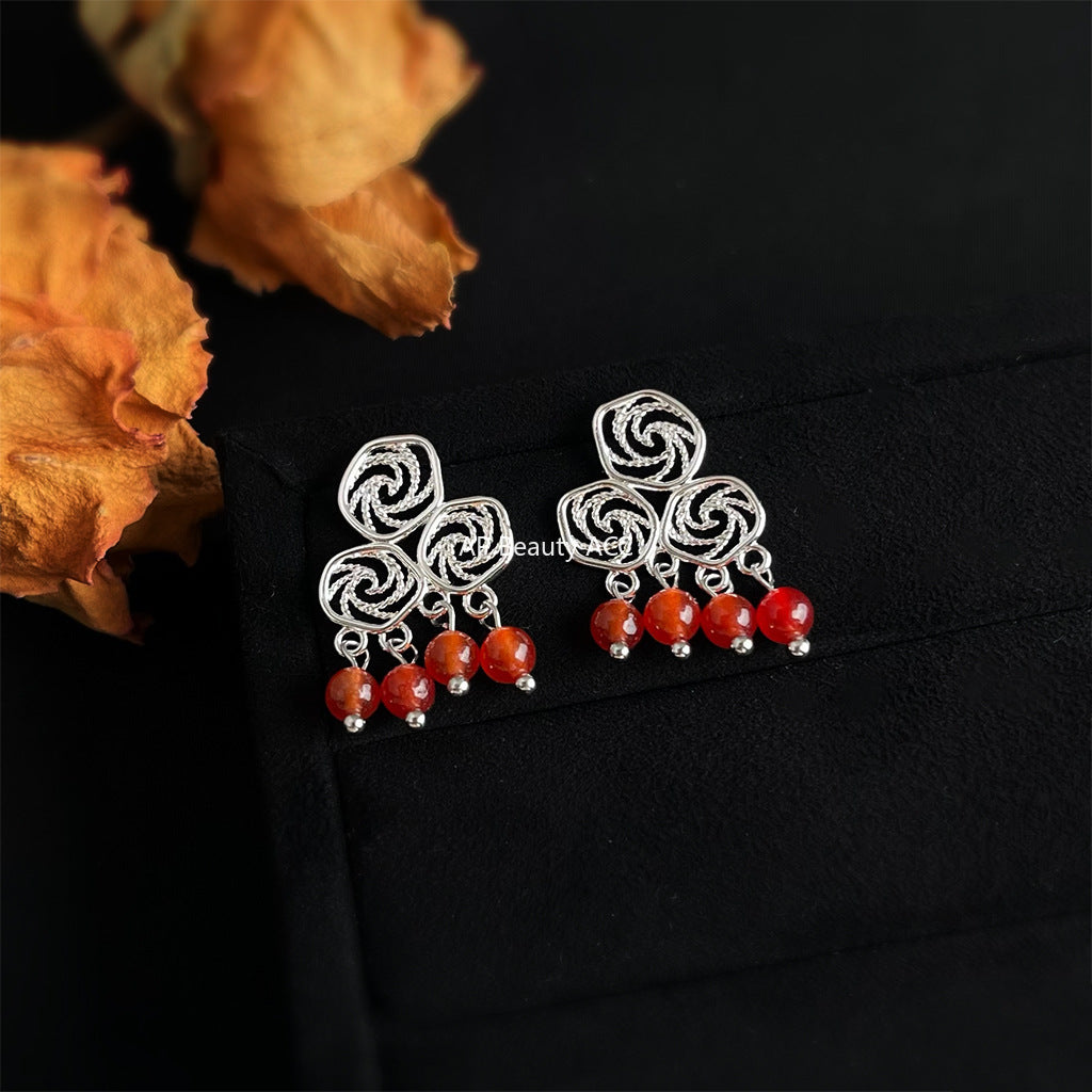 A廠-原創設計文藝復古手工藝設計紅瑪瑙天然石鏤空幾何中式祥雲耳飾「7057」25.11-2