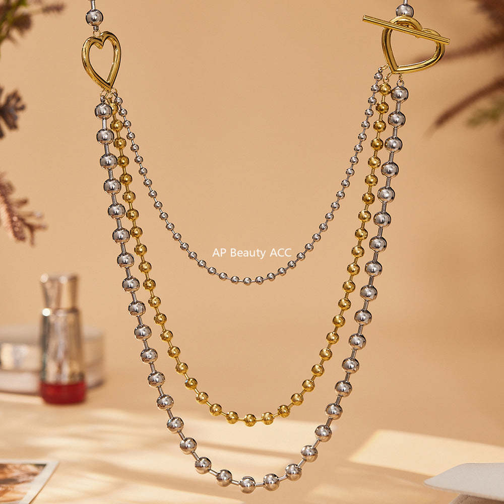 B廠-歐美拼色不鏽鋼愛心扣多層圓珠鏈項鍊ins個性時尚百搭飾品「P1853」25.11-3