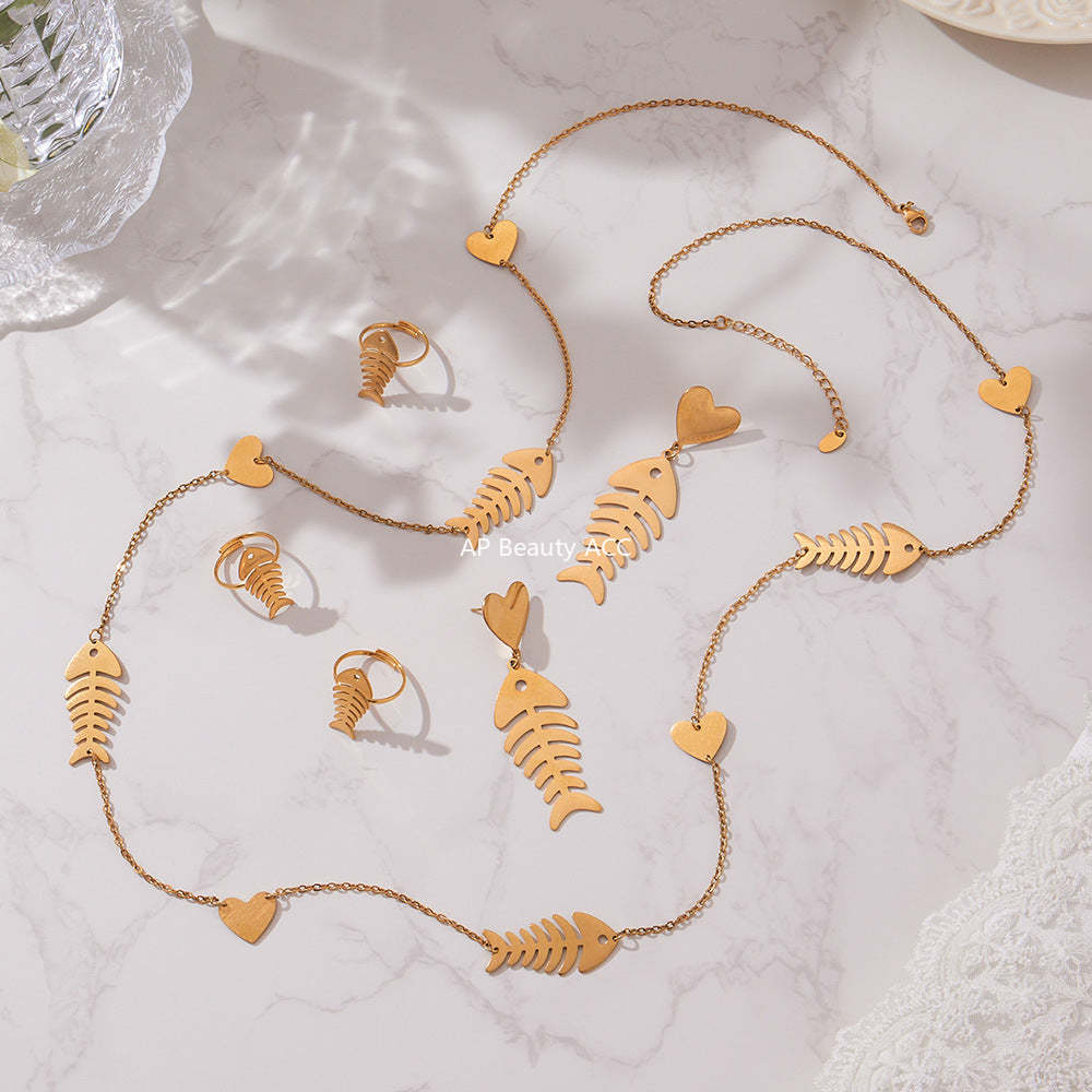 B廠-不鏽鋼18k鍍金魚骨愛心項鍊耳環戒指歐美氣質珠寶首飾套裝「TXP459」25.10-5