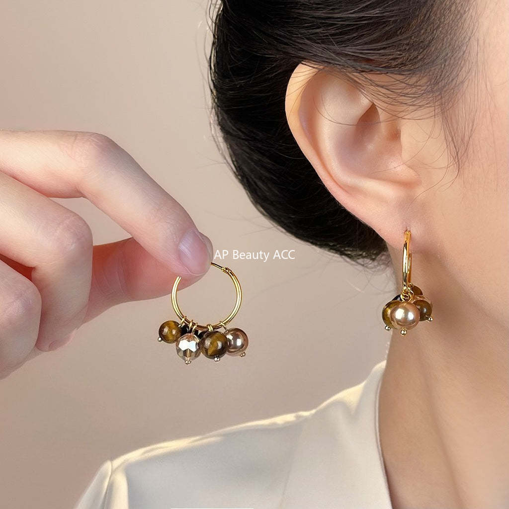 A廠-文藝復古天然石虎眼石手工藝設計感幾何圓圈耳環中古風飾品耳環「7145」25.11-4