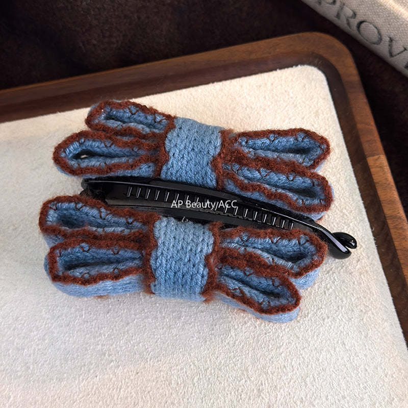 E廠-韓國復古針織毛線雙層蝴蝶結髮夾香蕉夾2025新款秋冬款盤髮馬尾夾「27758」25.12-1