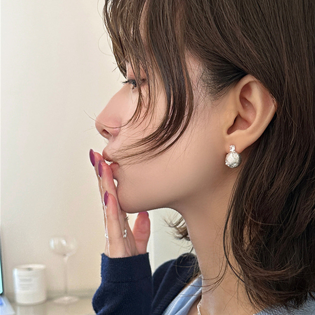 C廠-氣質輕奢百搭拉絲圓珠耳釘女韓系高級感鋯石銀針耳環精緻夏天耳飾「EH-3488」25.05-4