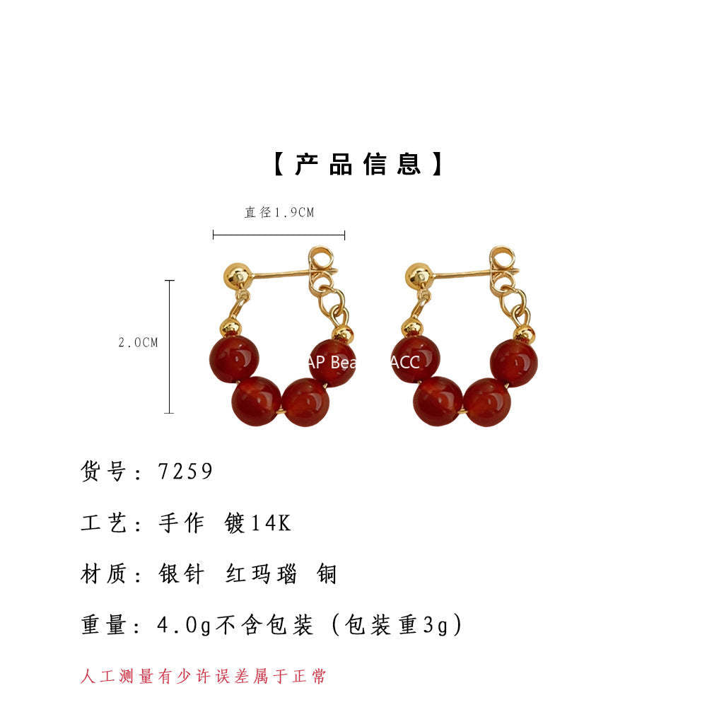 A廠-天然石紅瑪瑙新中式文藝復古國潮氣質高級感新款耳飾工廠耳環飾品「7259」25.12-3