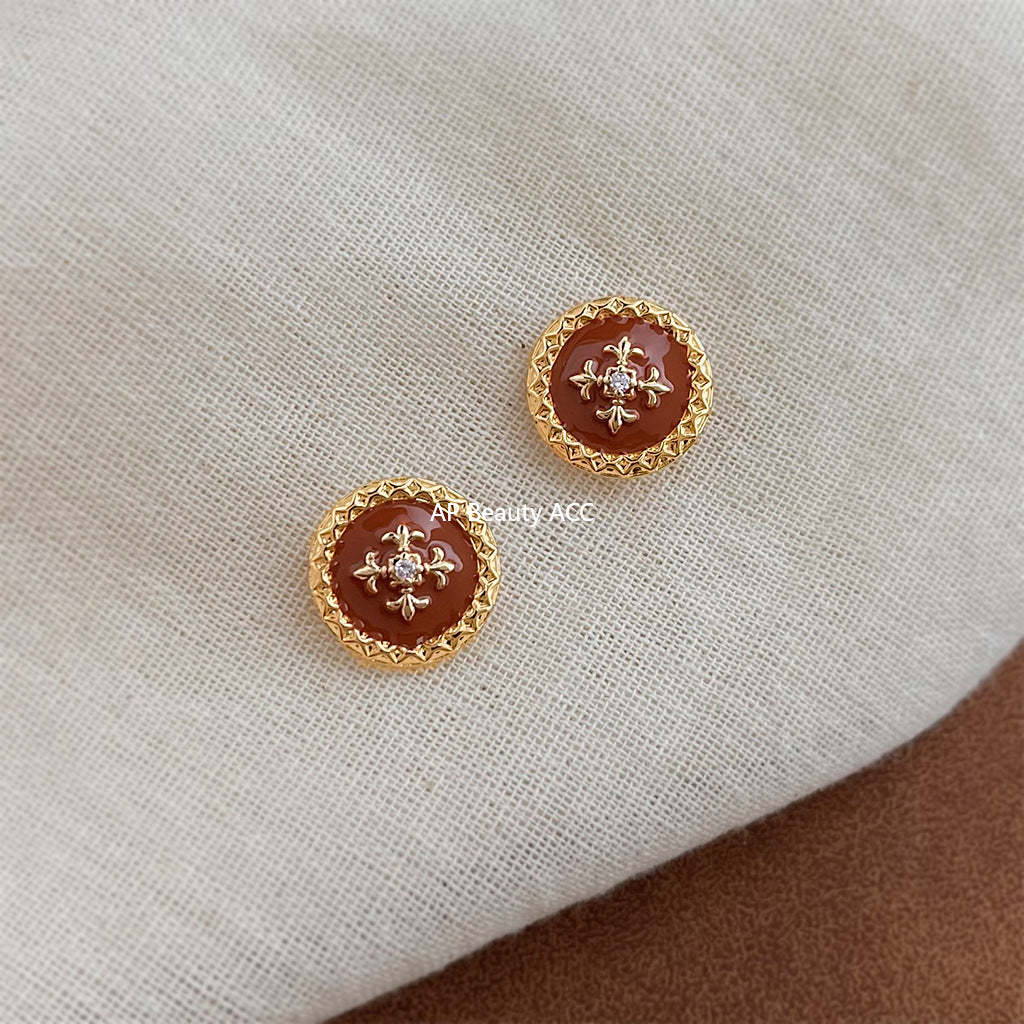 A廠-原創~鳶尾花系！ 925銀針琺瑯滴釉圓形幾何紐扣新款耳釘「7037」25.11-1