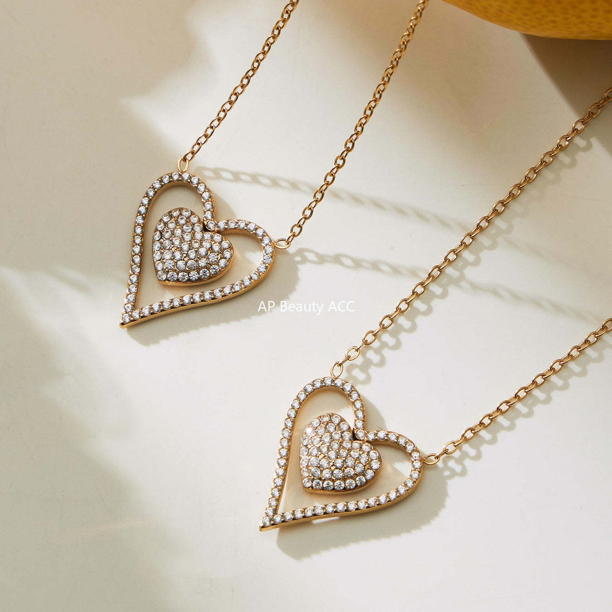 B廠-跨境新款靈動愛心滿鑽鋯石吊墜雙層鎖骨項鍊不鏽鋼鍍18k金「P874」25.11-4