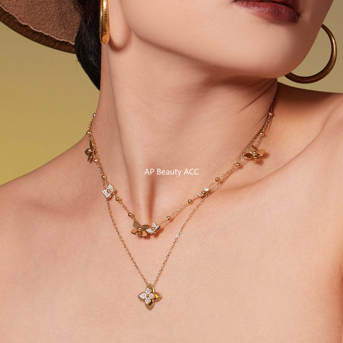 B廠-熱銷新品重十字夾珠鬱金香花朵鑲鋯石滿鑽鎖骨項鍊戒指套裝「TXP489」25.11-4