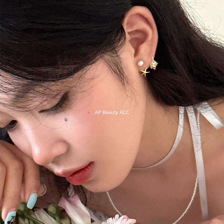 C廠-後掛式珍珠耳釘女小眾設計感海星海螺耳環5新爆銀針耳飾「EH-3098.eb-SJ」25.12-1
