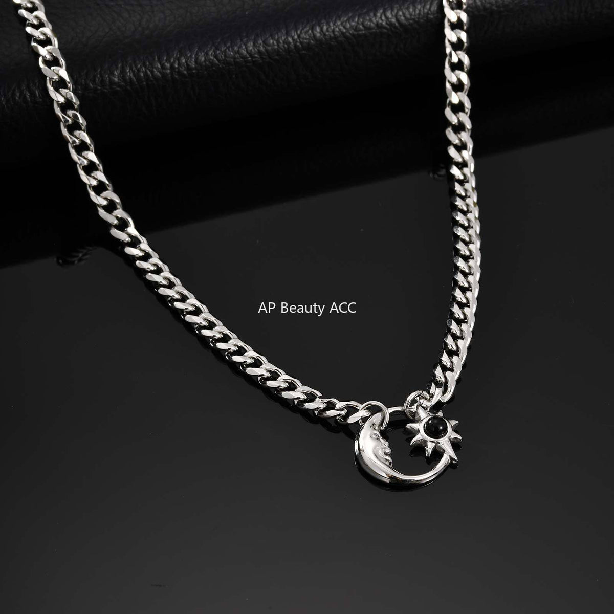 G廠-不鏽鋼六面磨鏈星月項鍊太陽星星月亮蛋白石吊墜項鍊鋼色「NC-2407」25.12-2