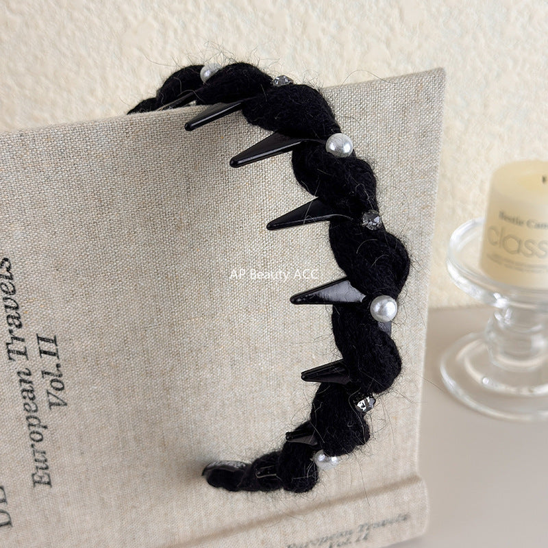 E廠-韓系閃鑽珍珠毛線波浪髮箍女高顱頂頭箍帶齒防滑外戴髮卡壓髮頭飾「27663」25.11-2