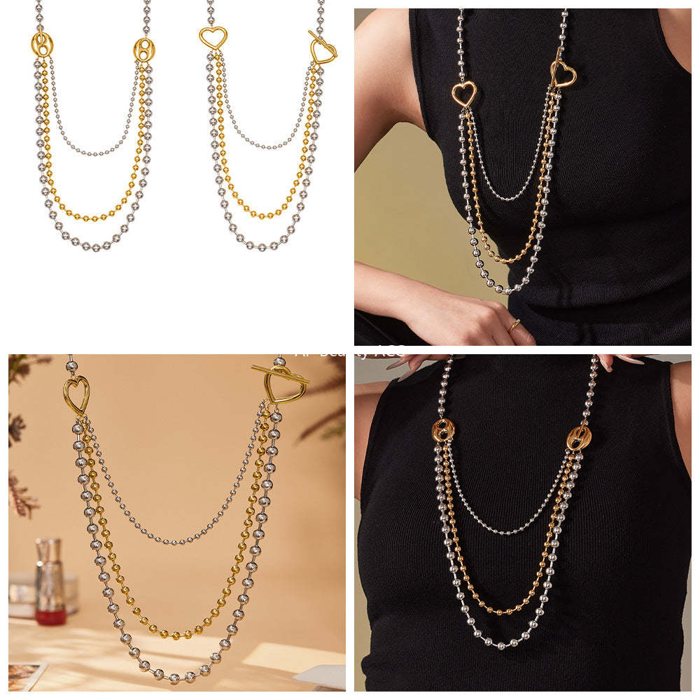 B廠-歐美拼色不鏽鋼愛心扣多層圓珠鏈項鍊ins個性時尚百搭飾品「P1853」25.11-3