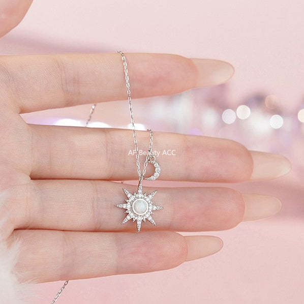 D廠-S925純銀八芒星月亮項鍊炫彩夢幻復古歐美精緻小眾鎖骨鏈批發「YC1445N_1」25.10-5