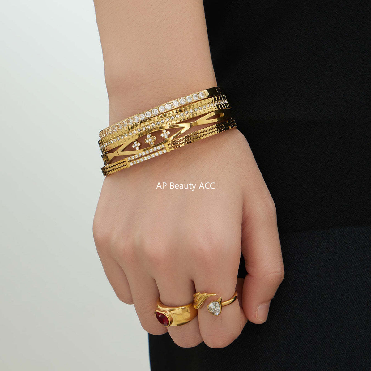 B廠-不鏽鋼單排鑽鋯石卡扣手鐲組合歐美時尚潮酷手飾品鍍18k金不掉色「Z512-15」25.12-2