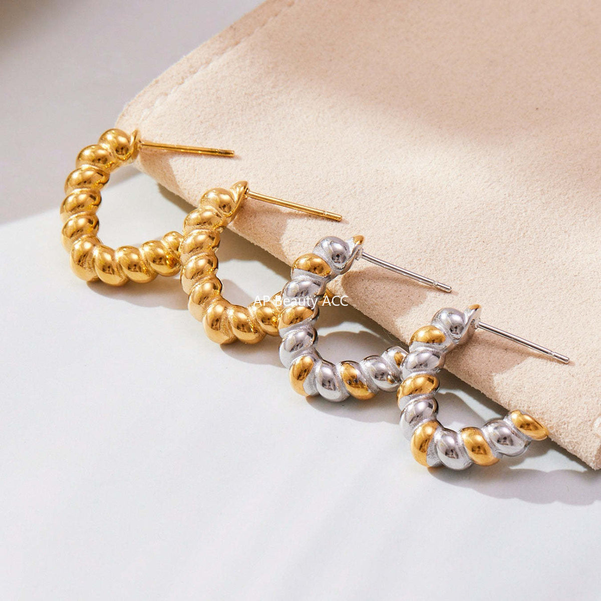 B廠-不鏽鋼重工螺紋麻花形狀耳環拼色間電鍍18k金簡約新潮耳釘「F970」25.10-5