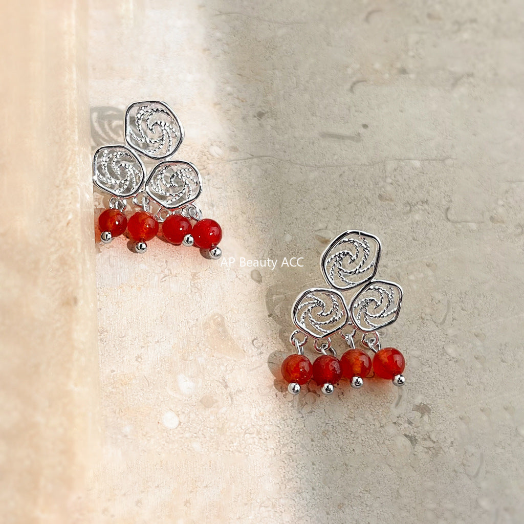 A廠-原創設計文藝復古手工藝設計紅瑪瑙天然石鏤空幾何中式祥雲耳飾「7057」25.11-2