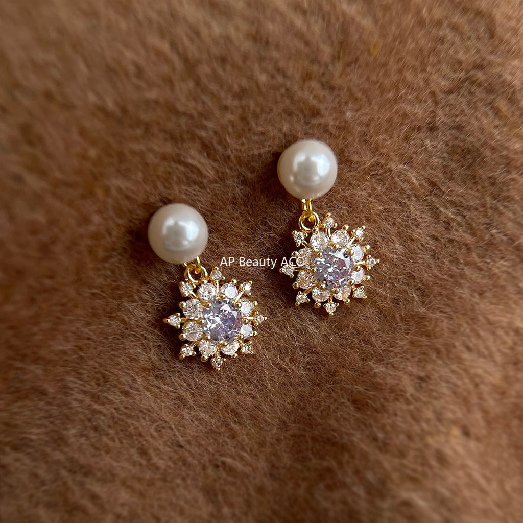 A廠-時尚輕奢高級感鋯石雪花珍珠耳環氣質唯美新款手工耳環「7078」25.11-2