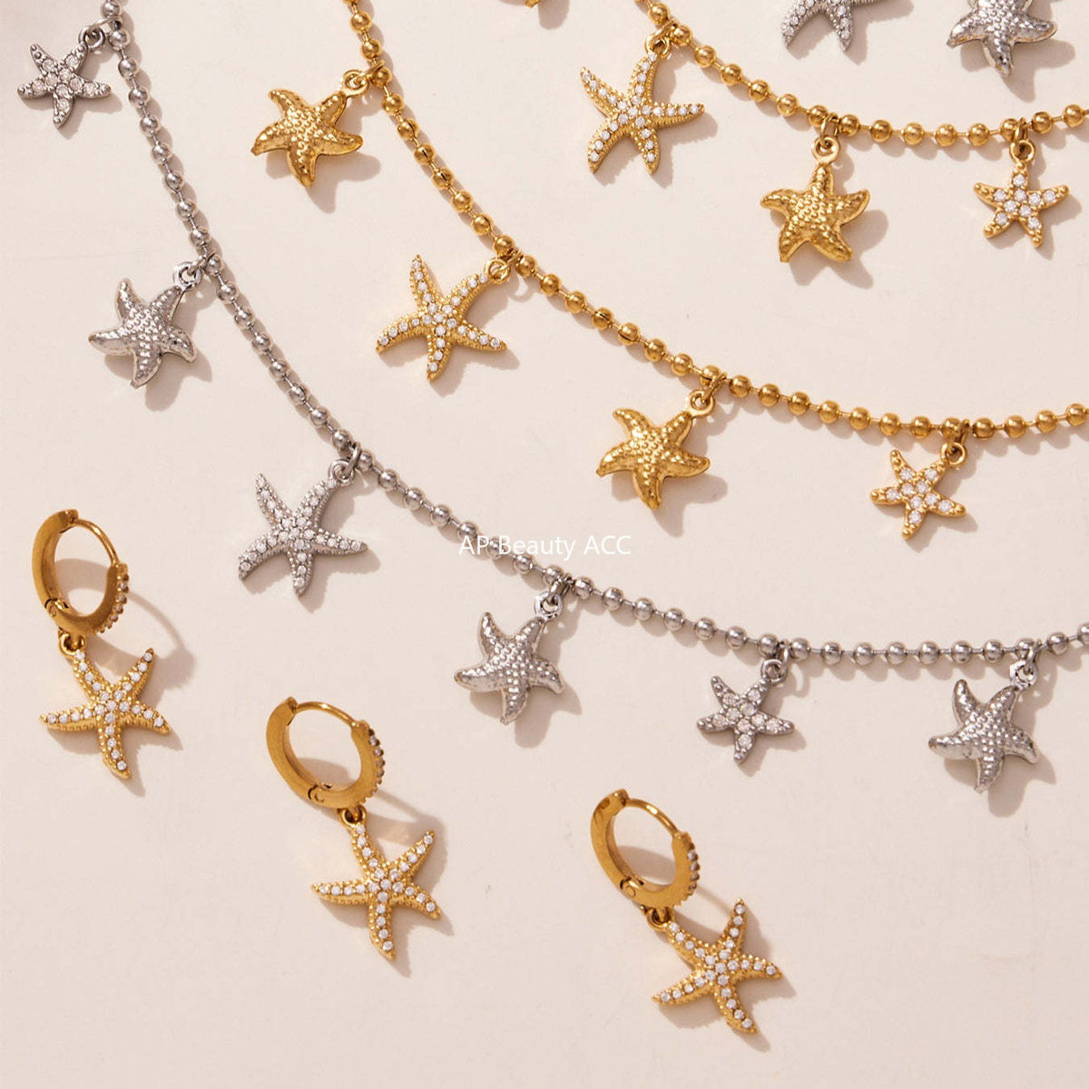 B廠-跨境新款不鏽鋼鋯石海星吊墜耳環項鍊手鍊套裝簡約鑲鑽配飾「TXP478」25.11-4