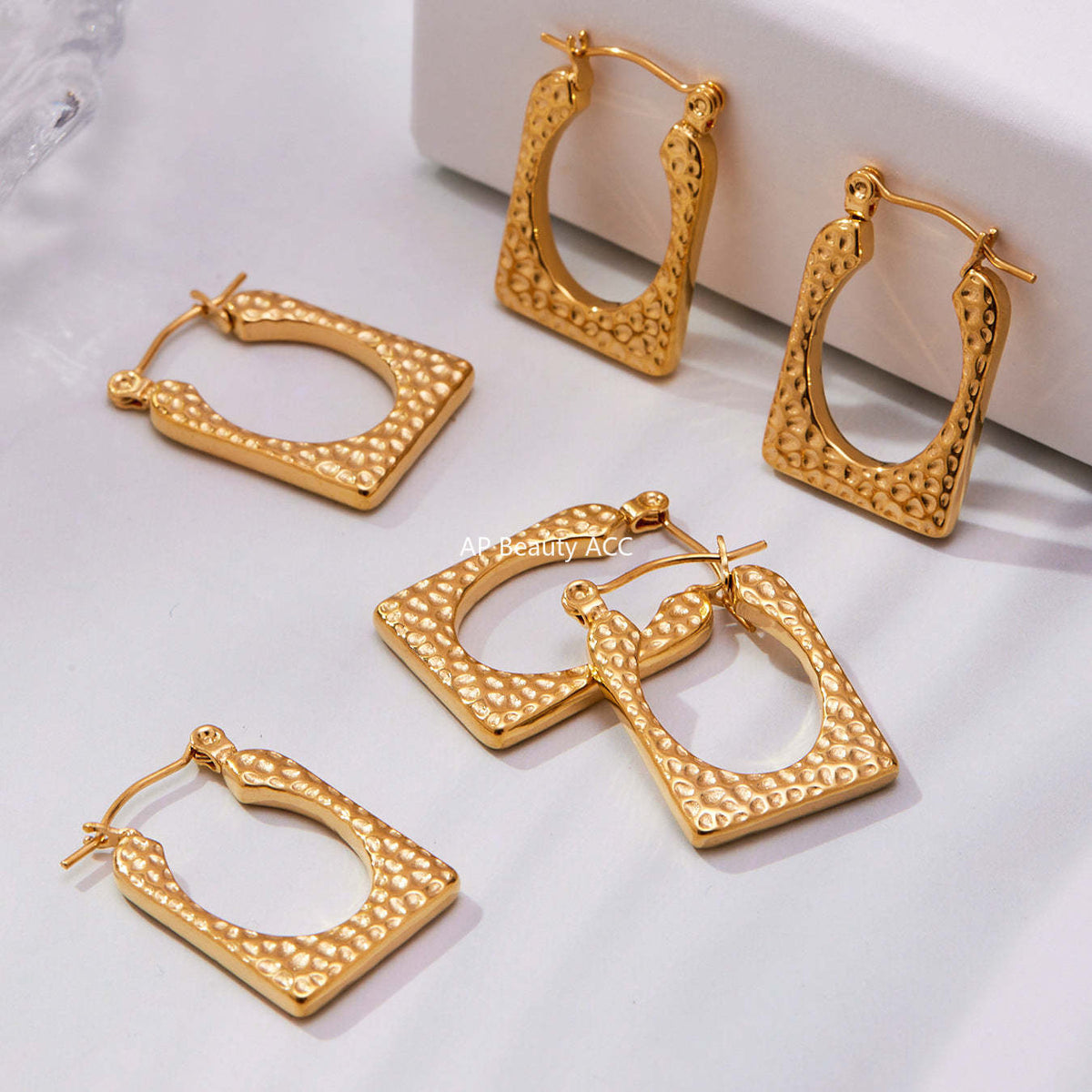 B廠-不鏽鋼幾何U型重工錘紋耳環跨境熱銷新款耳飾鍍18k金不掉色「F624」25.10-5