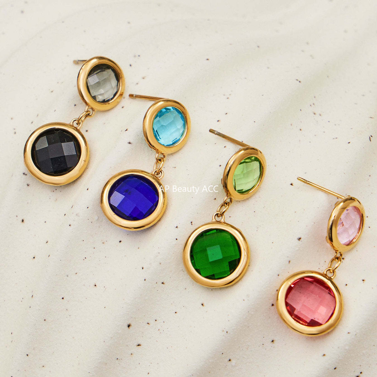 B廠-不鏽鋼滿鑽鋯石切麵包邊玻璃石手鍊耳環鍍18k真金首飾套裝不掉色「TXE508」25.12-1