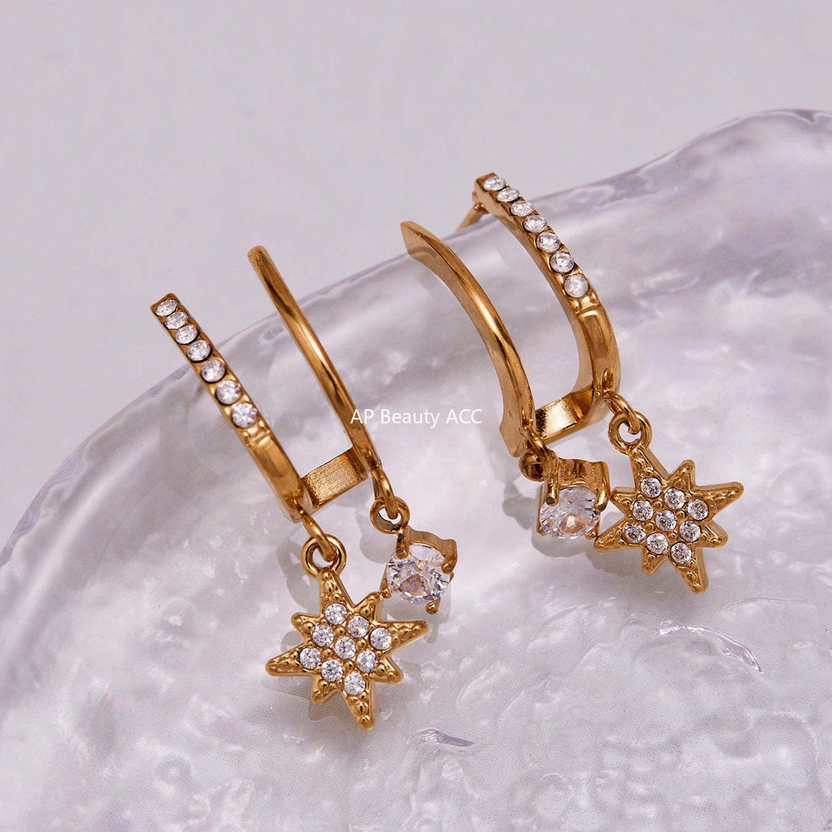 B廠-不鏽鋼5A鋯石雙層爪鑽超閃八芒星吊墜耳環跨境氣質百搭耳飾「F1327」25.10-5