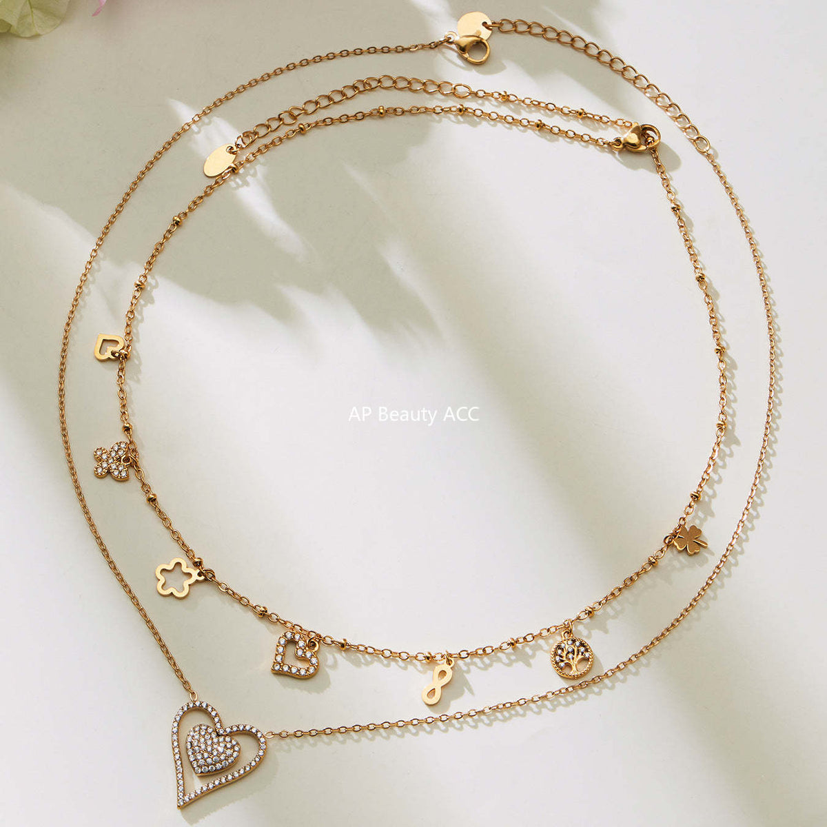 B廠-跨境新款靈動愛心滿鑽鋯石吊墜雙層鎖骨項鍊不鏽鋼鍍18k金「P874」25.11-4