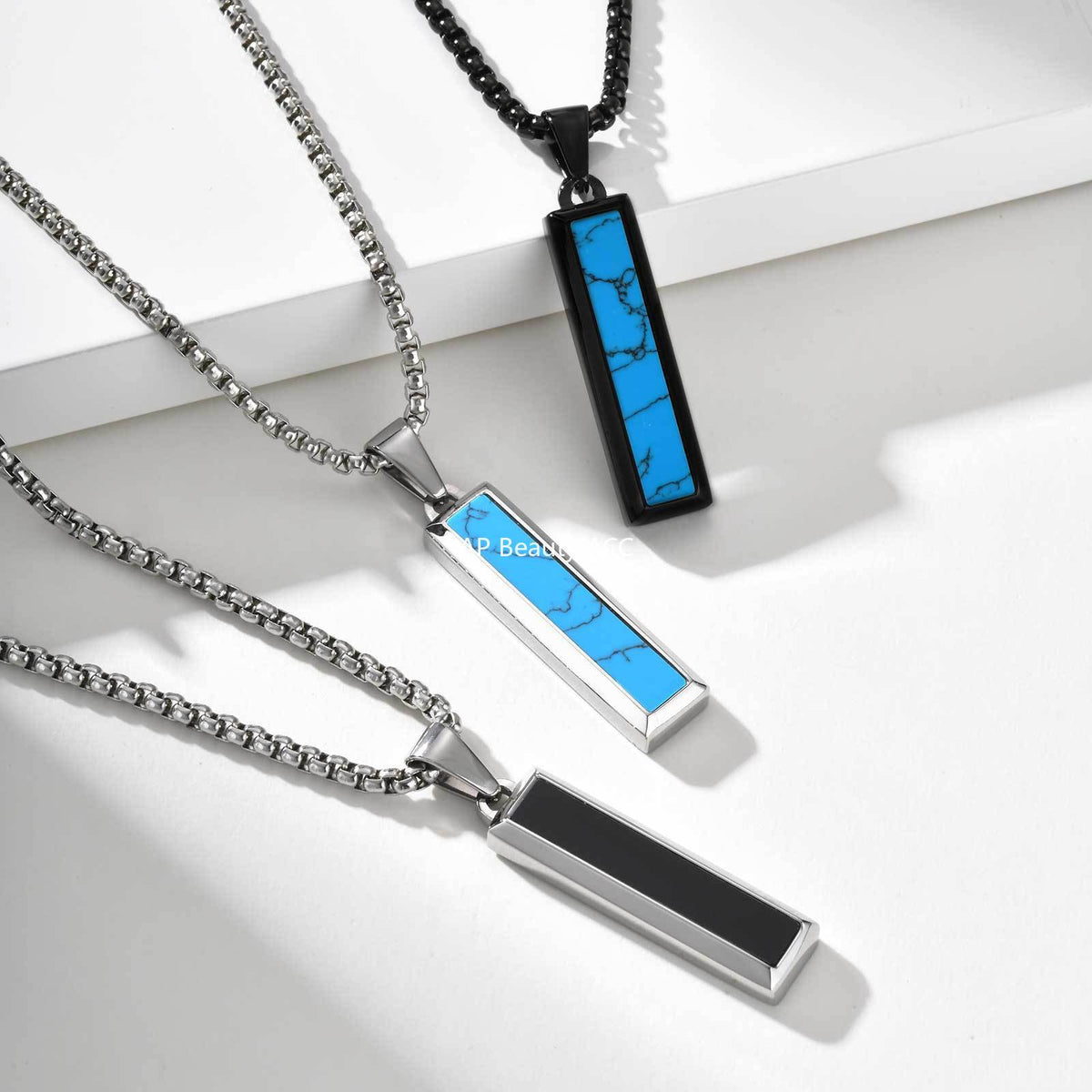 G廠-批發歐美跨境男士時尚百搭不鏽鋼瑪瑙綠松石幾何吊墜項鍊「PN-2221」25.11-1