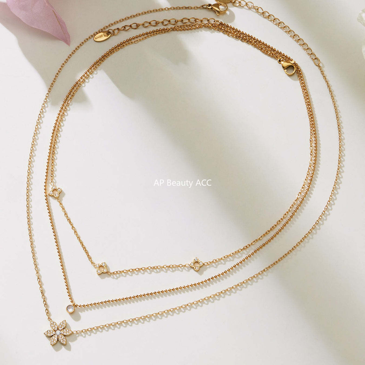 B廠-簡約時尚花朵滿鑽鋯石吊墜雙層疊戴項鍊不鏽鋼手鍊戒指套裝「TXP492」25.11-4