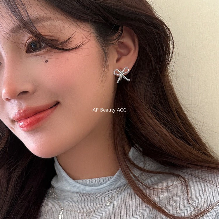 C廠-甜美小香風串珠蝴蝶結耳釘女絕美百搭高級感耳環韓系輕奢氣質耳飾「EH-4125」25.11-1