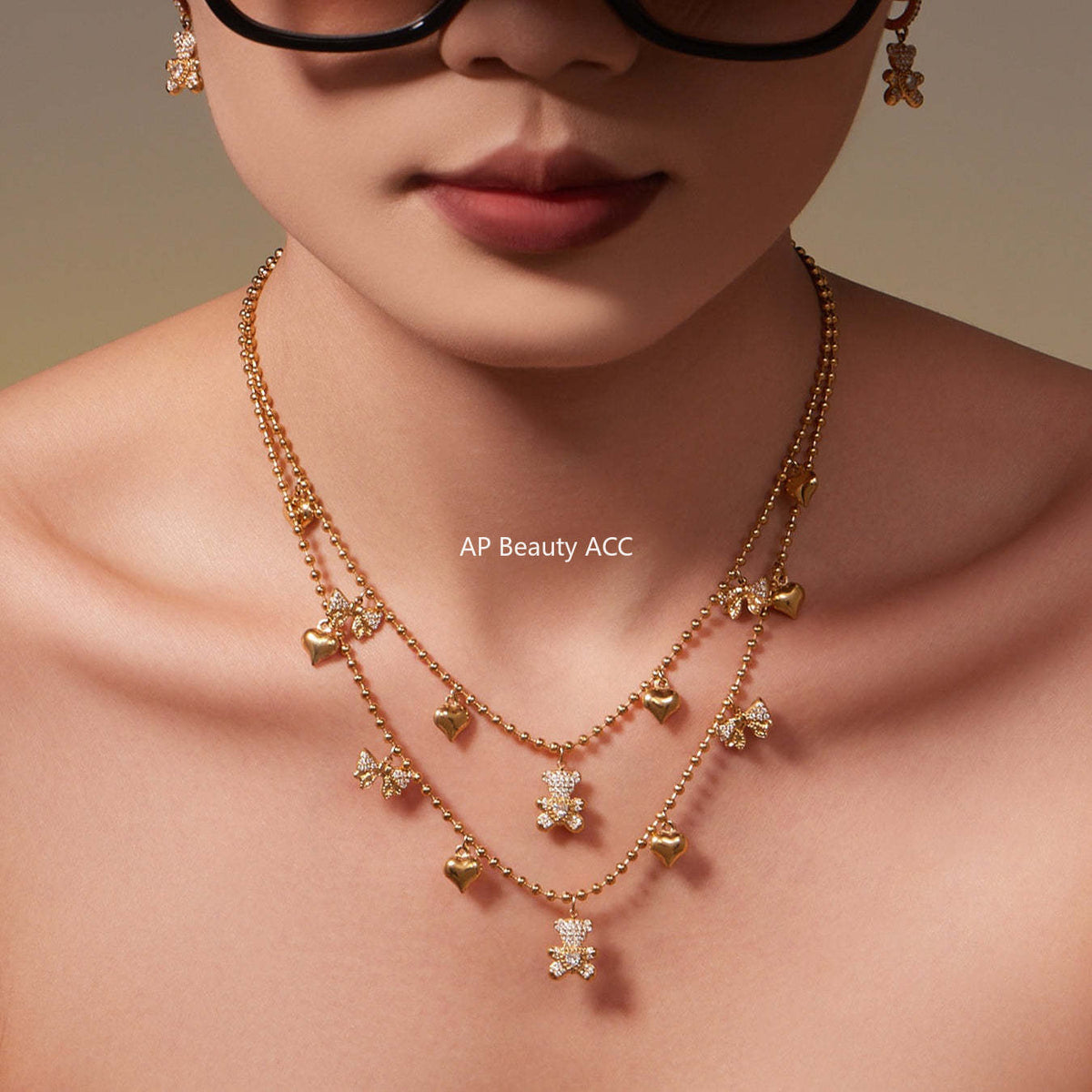 B廠-不鏽鋼5A鋯石滿鑽小熊蝴蝶結愛心多配件吊墜項鍊手鍊耳環首飾套裝「TXP500」25.11-4