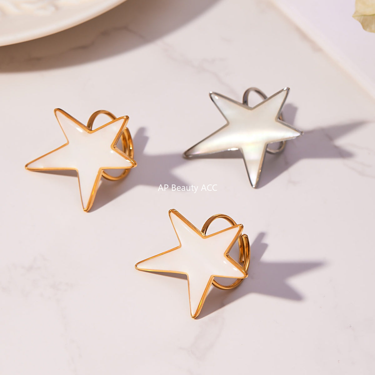 B廠-新款天然貝母滴油大五角星戒指耳環套裝不鏽鋼鍍18k金耳飾「TXF460」25.11-1