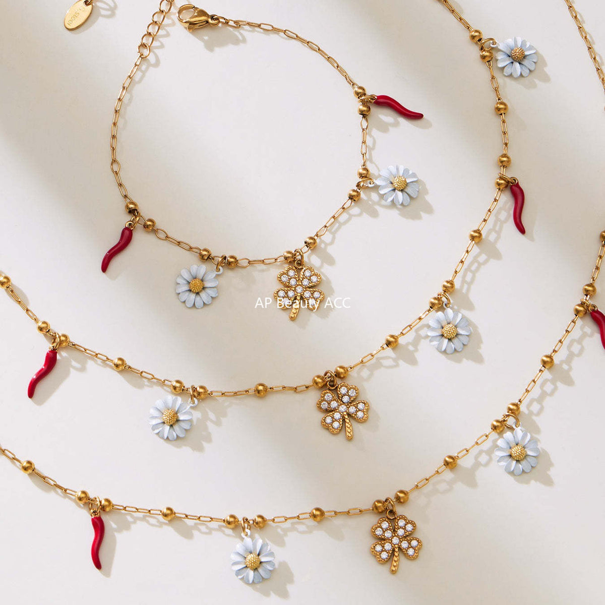 B廠-5A鋯石幸運草法國小雛菊多吊墜項鍊手鍊套裝不鏽鋼珠寶首飾「TXP483」25.11-4