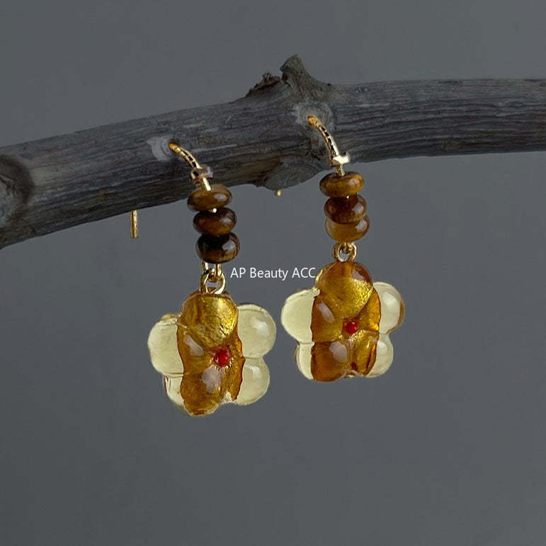 A廠-文藝復古時尚高級感手工藝玻璃琉璃花朵虎眼石天然石耳飾「7203」25.12-3