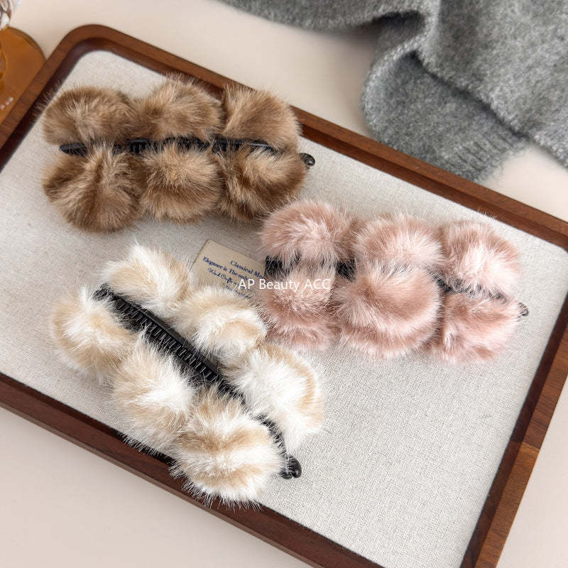 E廠-韓系虎斑豹紋毛絨香蕉夾毛絨絨竪夾高級感盤髮夾馬尾竪夾半扎髮抓「27619」25.10-5