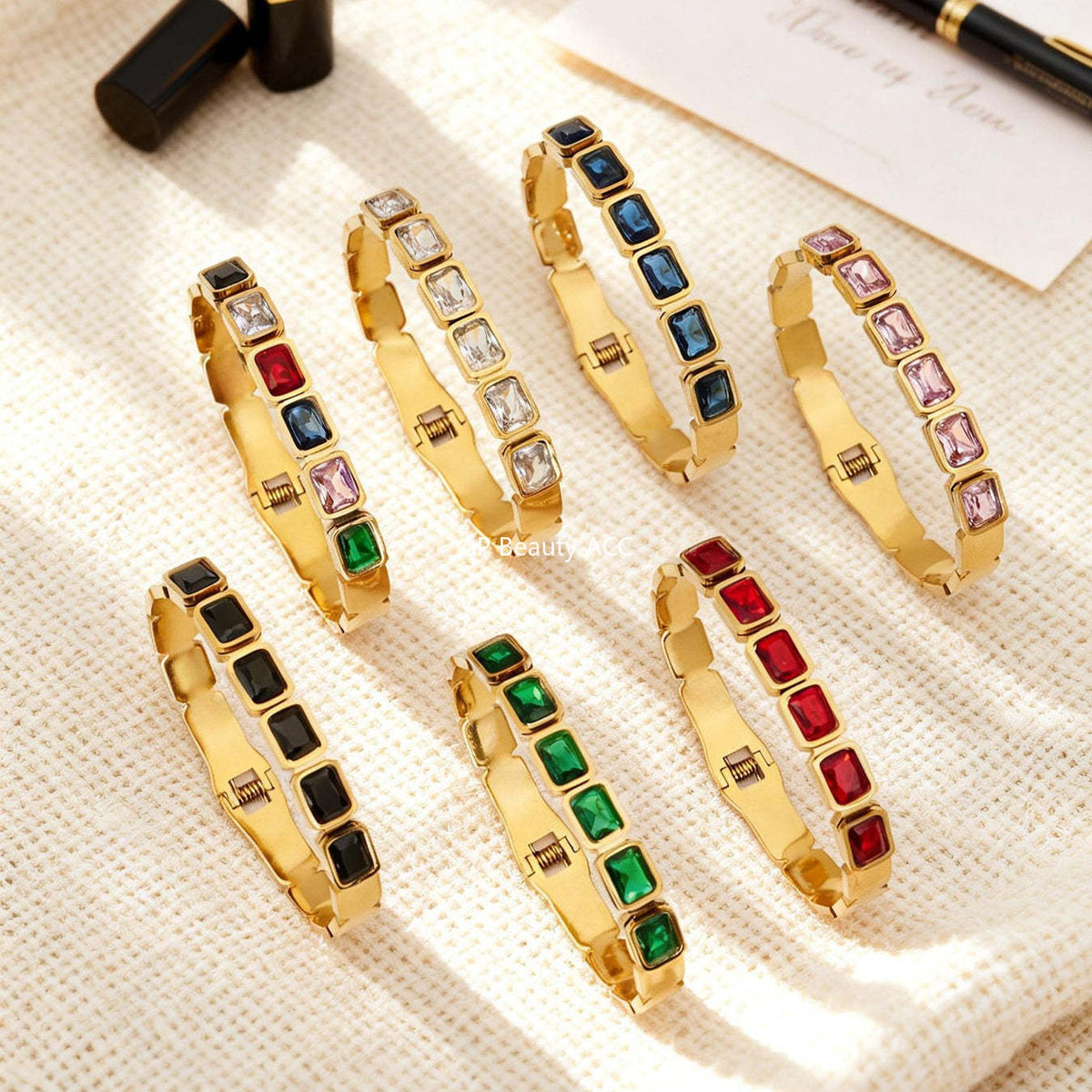 B廠-不鏽鋼方形彩色玻璃石手鐲ins小眾設計歐美潮酷飾品鍍18k金不掉色「Z518」25.12-2