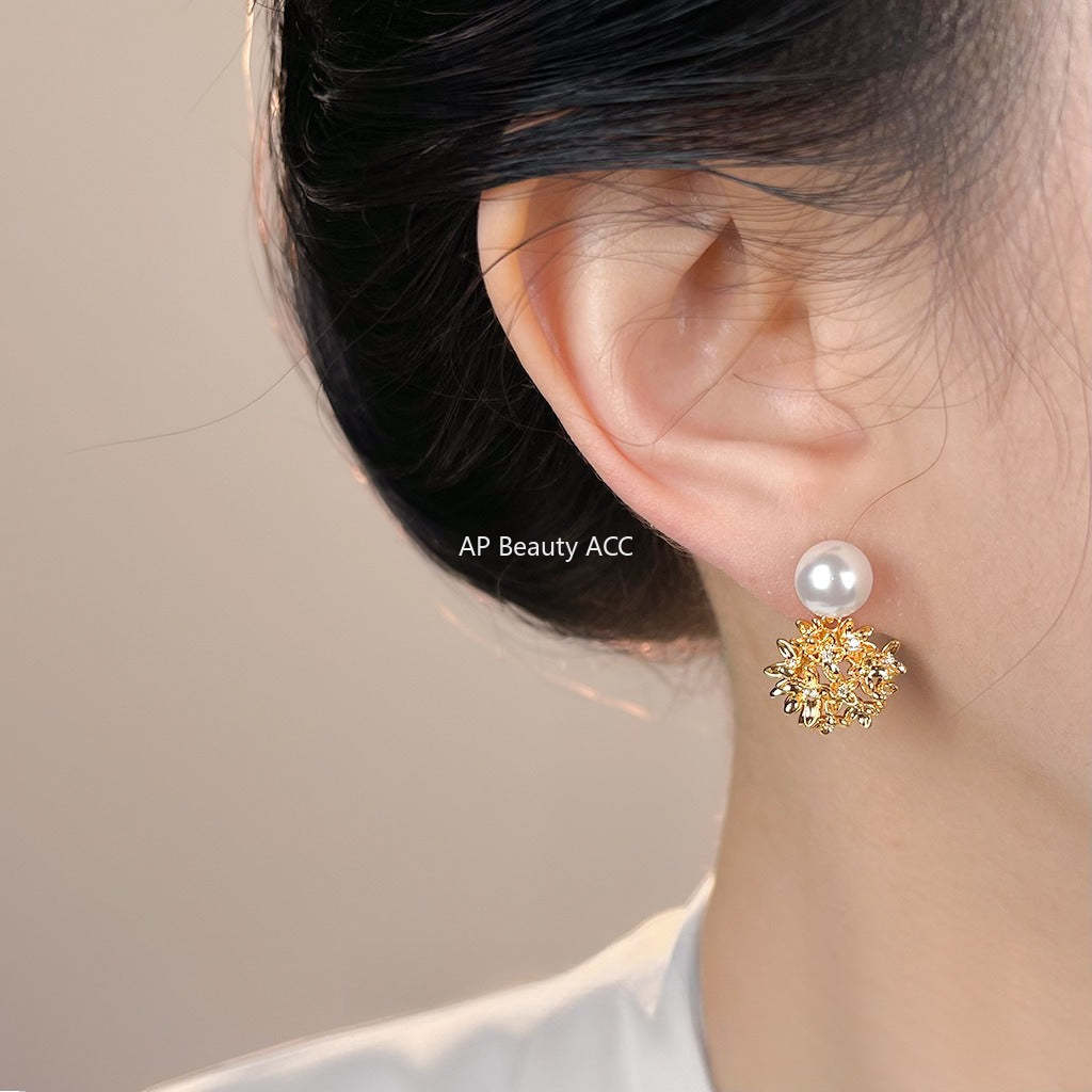 A廠-原創繡球花朵925銀針微鑲鋯石玻璃珍珠時尚高級感新款耳飾耳環女「7191」25.12-2