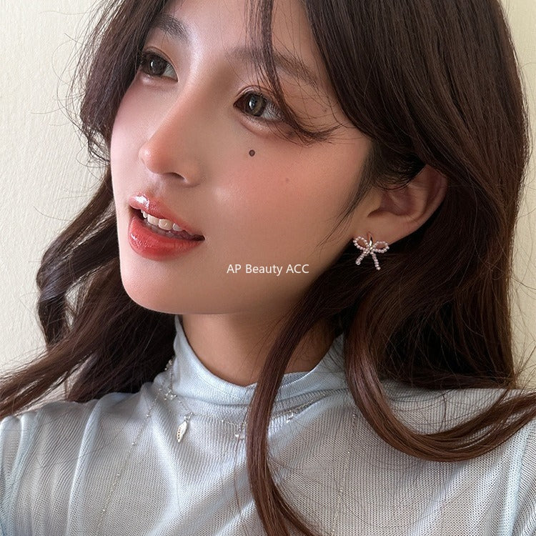 C廠-甜美小香風串珠蝴蝶結耳釘女絕美百搭高級感耳環韓系輕奢氣質耳飾「EH-4125」25.11-1