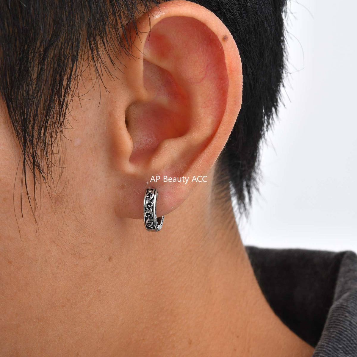 G廠-不鏽鋼花紋耳圈鋼色草紋花紋耳環男女街頭時尚嘻哈潮人耳飾「EH-839」25.12-1