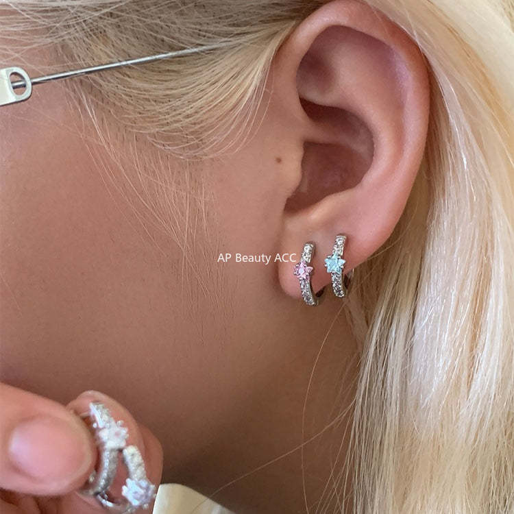 C廠-閃耀星星鋯石耳環女精緻百搭圈圈甜美鈦鋼耳圈設計感小眾甜酷簡約「EH-4333」25.12-1