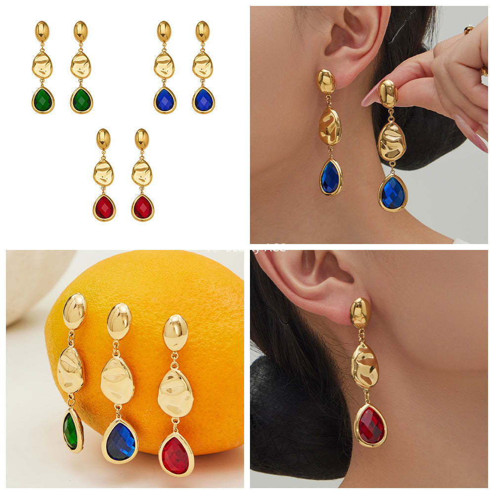 B廠-不鏽鋼空心水滴切面玻璃石耳環歐美小眾時尚高質感耳飾鍍18k真金「F764」25.12-1