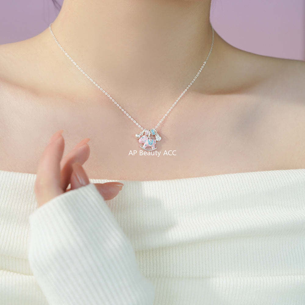 D廠-原創足銀S999搖搖馬項鍊女生肖馬多巴胺童趣國風創意鎖骨鏈批發「YC1589N_1」25.12-1