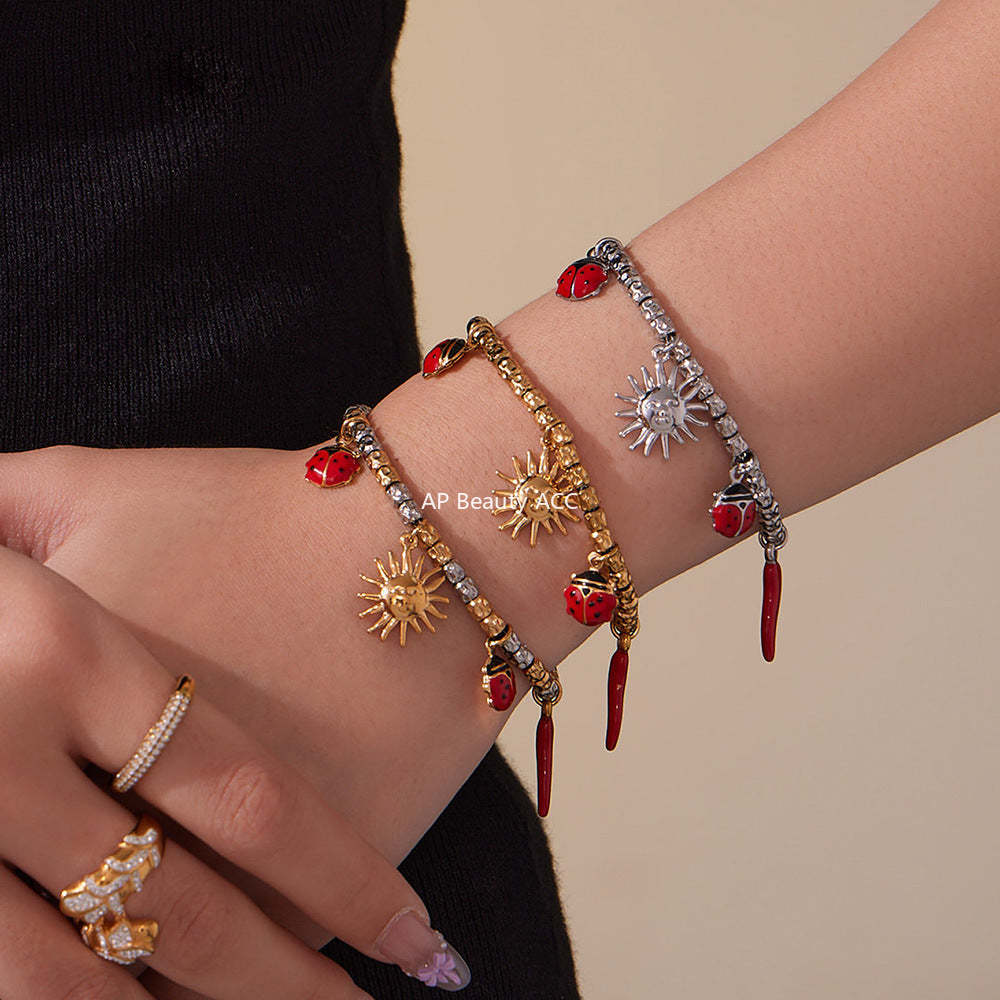 B廠-跨境新款不鏽鋼小辣椒太陽多配件壓紋鋼珠手鍊組合鍍18k金「E699-E700」25.10-5