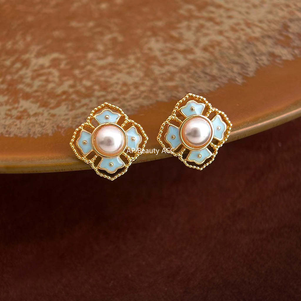 A廠-原創新中式紋樣 925銀針琺瑯滴釉復古花紋宮廷耳釘「7151」25.12-1