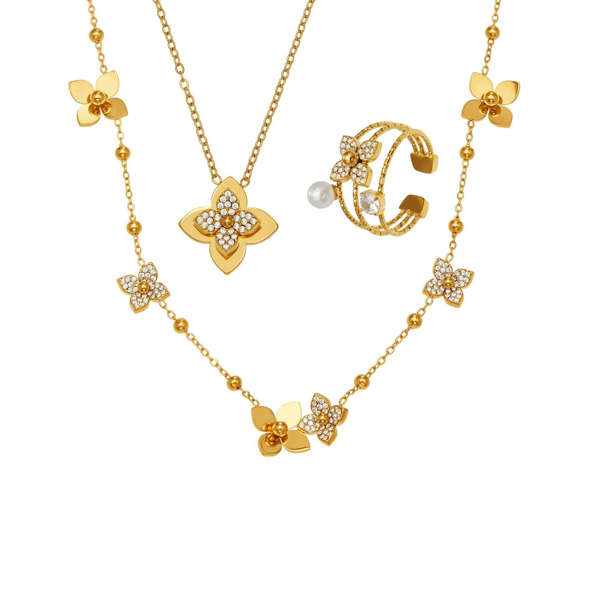 B廠-熱銷新品重十字夾珠鬱金香花朵鑲鋯石滿鑽鎖骨項鍊戒指套裝「TXP489」25.11-4