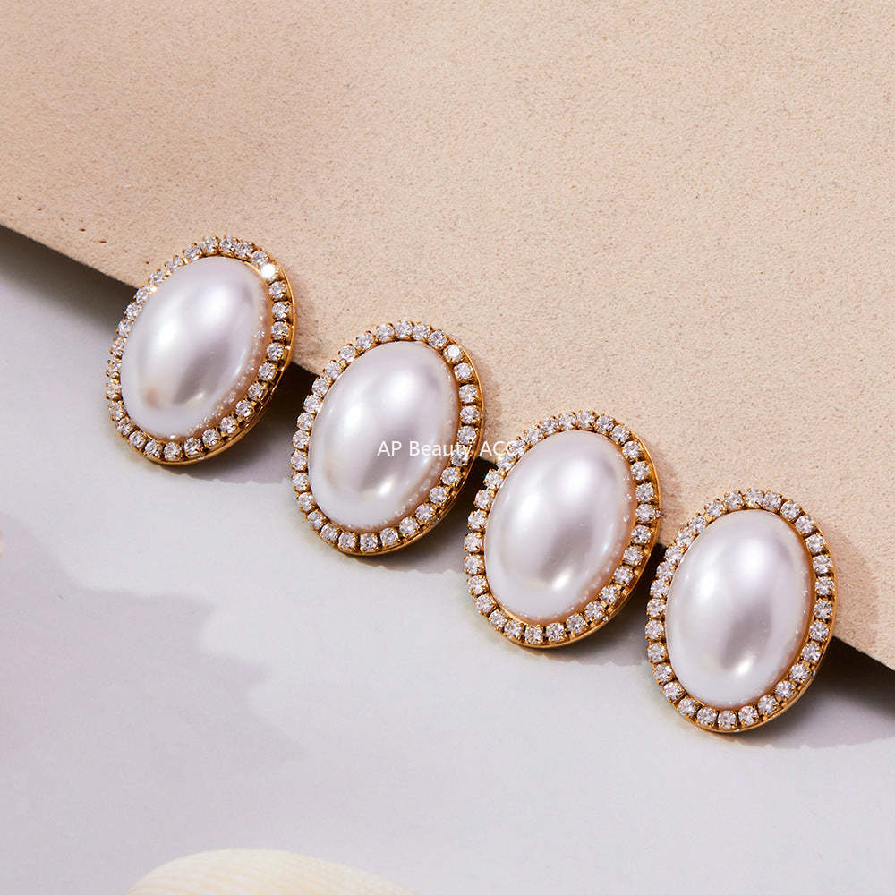 B廠-小眾設計感橢圓形貝珠鋯石耳環不鏽鋼鍍18k金跨境珠寶首飾「F793-F983」25.10-5