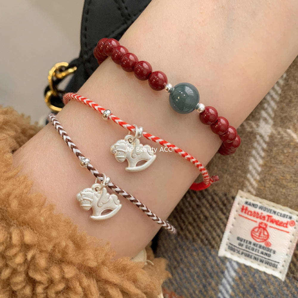 C廠-搖搖馬木馬2026屬馬生肖馬年S925純銀手工紅色（可調節）編繩手鍊「1630」25.12-3